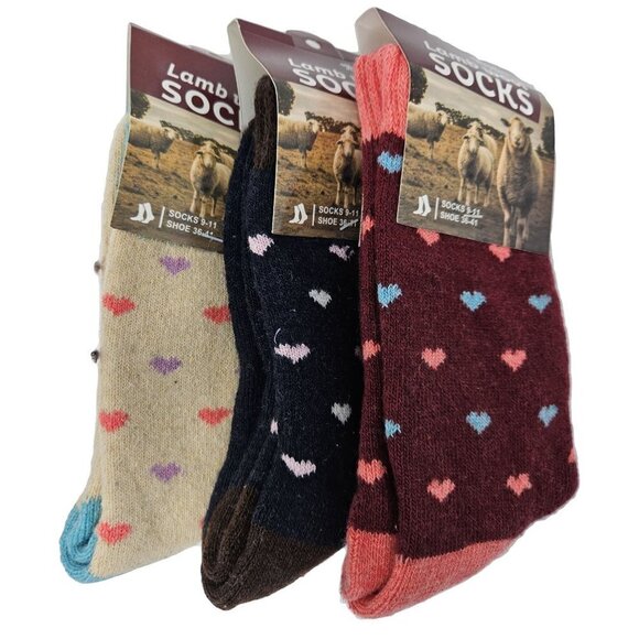 Women's Lamb Wool Socks, Warm Winter Boot Crew Socks, 3 Pairs. Hearts Print/NEW - Picture 1 of 4